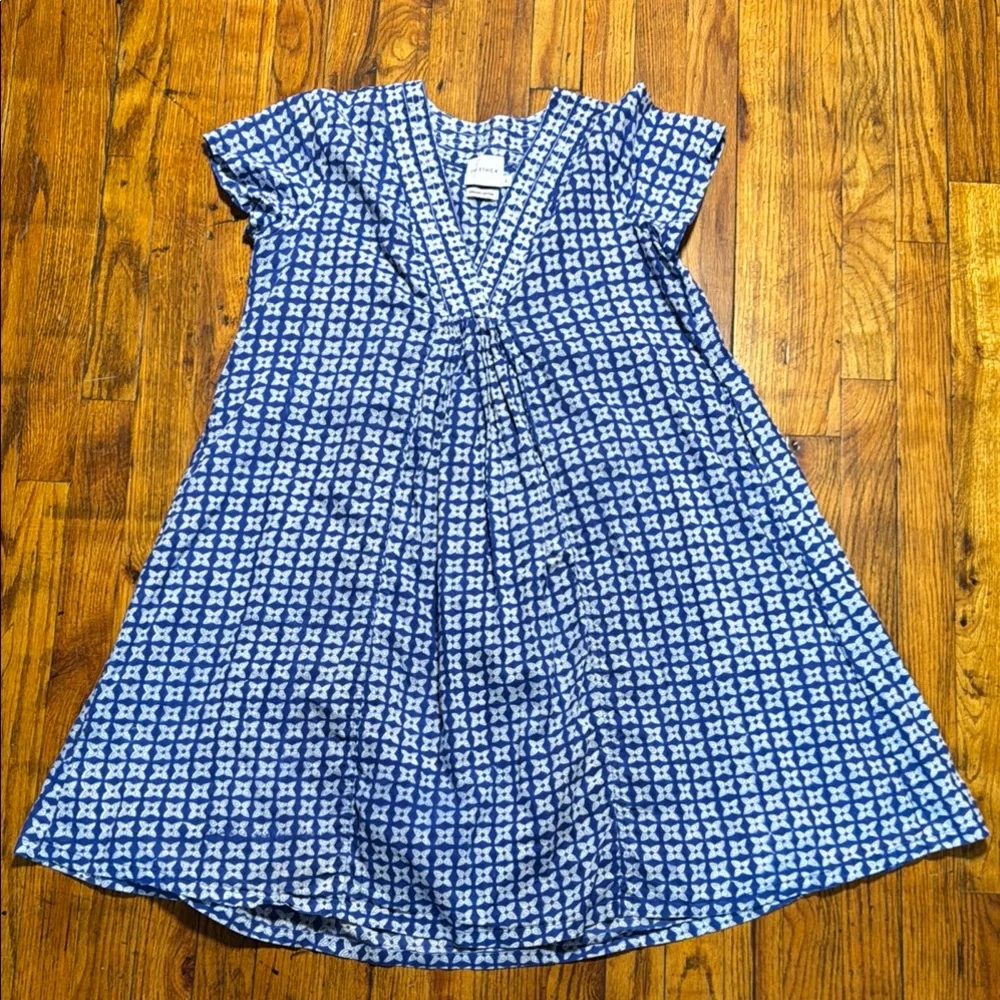 ZEN ETHIC Women's Pistil V Neck A Line Blue White Block Print Patterned Dress L - Picture 2 of 16